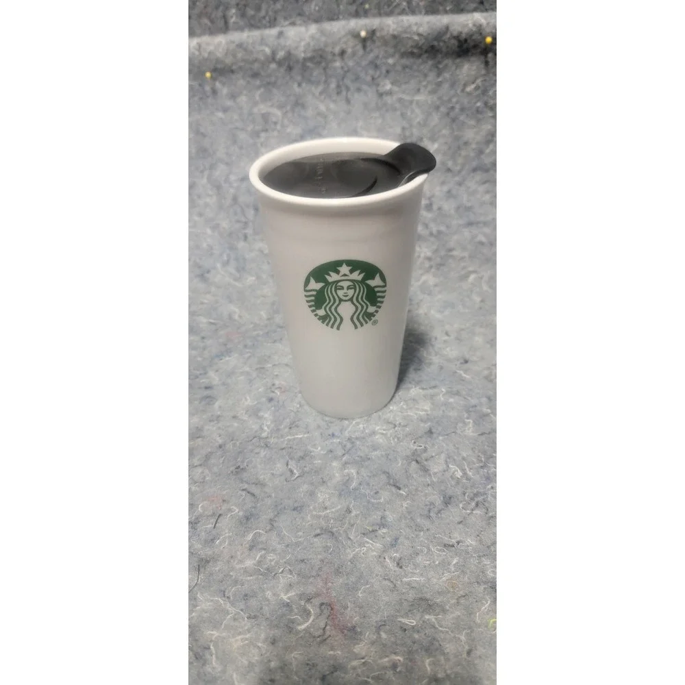 Starbucks‎ White Green Logo Ceramic Travel Tumbler with Side Lid 10oz